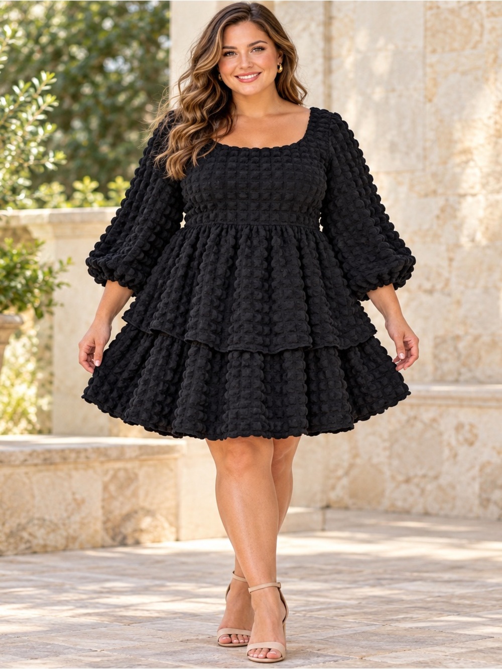 Simply Southern Black Textured Tiered Ruffle Dress Puff Sleeve XXL